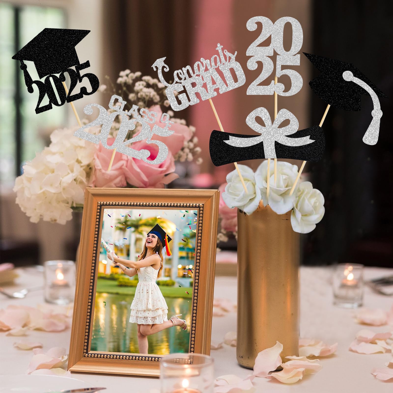 24Pcs Silver Graduation Table Centerpieces Sticks - Elegant Class of 2025 Graduation Party Decorations for Tables, Commencement Ceremony & High School/College Graduation Celebrations