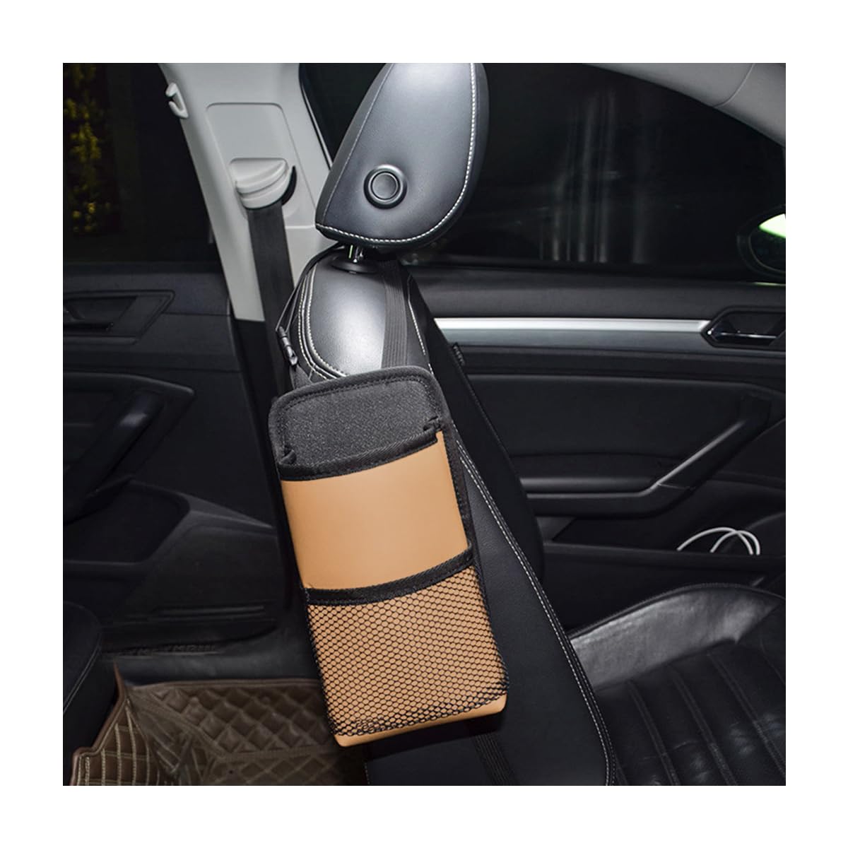 2 in 1 Large Car Cup Holder with Adjustable Strap - Multifunctional Seat Side Storage Hanging Organizer with Mesh Pocket - Water Bottle Storage Sleeve for SUV, Truck, Van - Perfect for Road Trips & Commuting (Khaki)