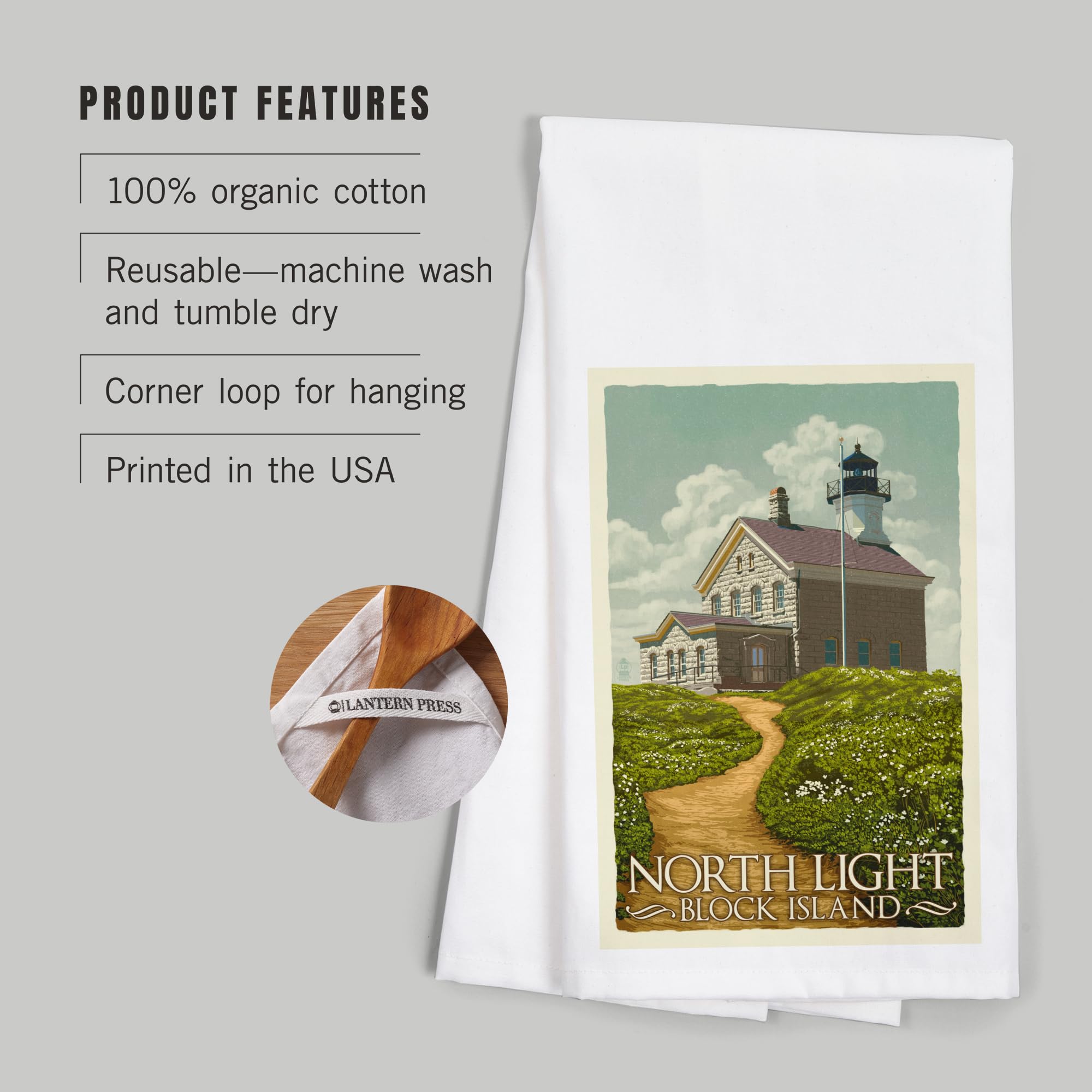 Block Island Rhode Island North Light Letterpress Tea Towel - 100% Cotton Decorative Hand Towel for Kitchen & Home - Perfect for Dish Drying, Gift Giving & Farmhouse Decor