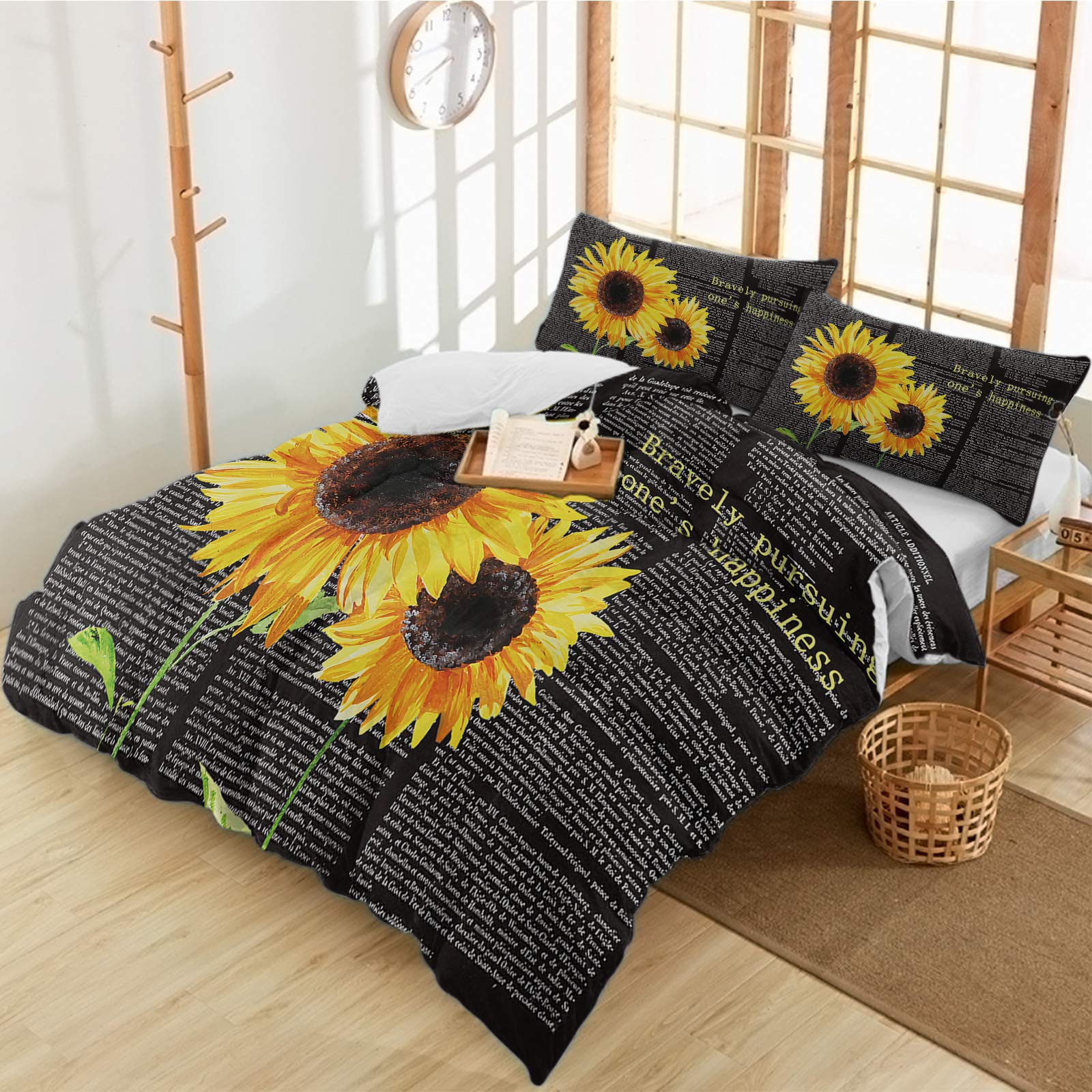 ZFUNCING 3-Piece Duvet Cover Set Cal King Size - Farmhouse Sunflower Print Luxury Soft Microfiber Quilt Cover with Pillowcases, Vintage Dictionary Black Back - Bedroom Comforter Set for Cozy Farmhouse Decor