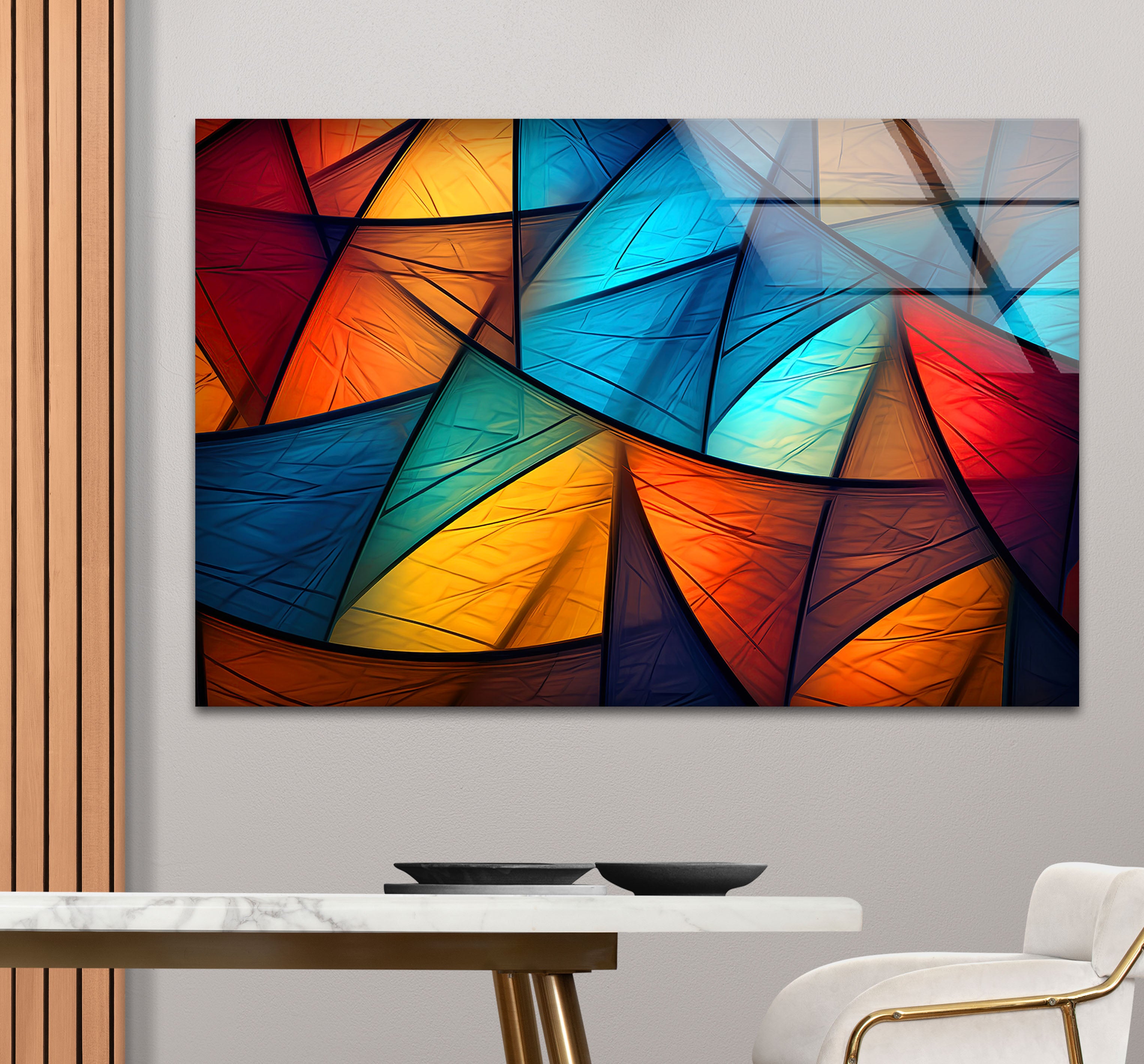 Modern Abstract Geometric Glass Wall Art - Vibrant Triangle Pattern Home Decor for Living Room, Bedroom & Office | Unique Handmade Wall Hanging