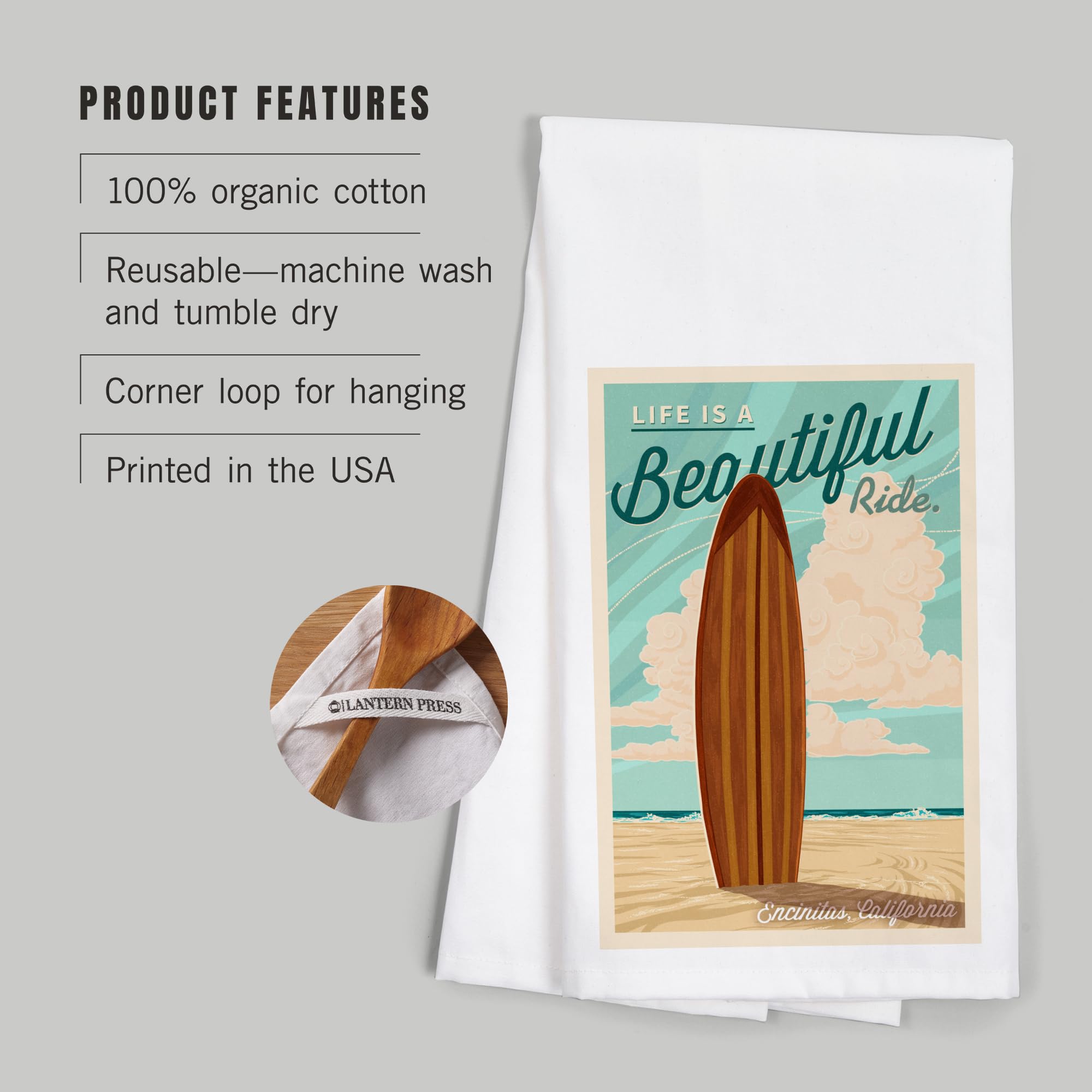 California Surfboard Letterpress Tea Towel - 100% Cotton Decorative Hand Towel for Kitchen & Home - Perfect for Beach House Decor, Coastal Themed Gifts & Surfing Enthusiasts