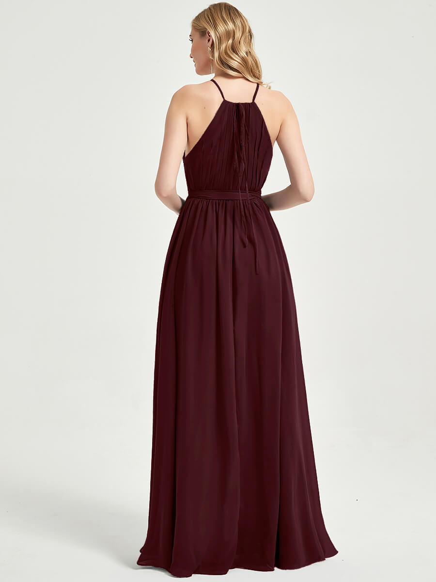 Elegant Burgundy Halter Neck Slit Wrap Chiffon Bridesmaid Dress - Floor Length Formal Gown for Weddings, Parties & Special Occasions