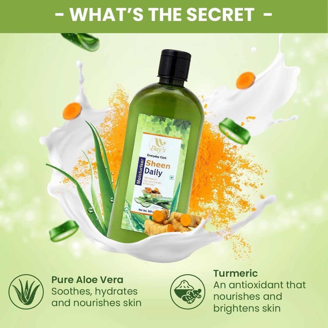DAY'S Daily Sheen Moisturizer with Aloe Vera, Turmeric & Shea Butter - 500ml Hydrating Lotion for Dry Skin | Pack of 1 | Perfect for Daily Face & Body Care, Post-Shave Relief & Winter Skin Protection