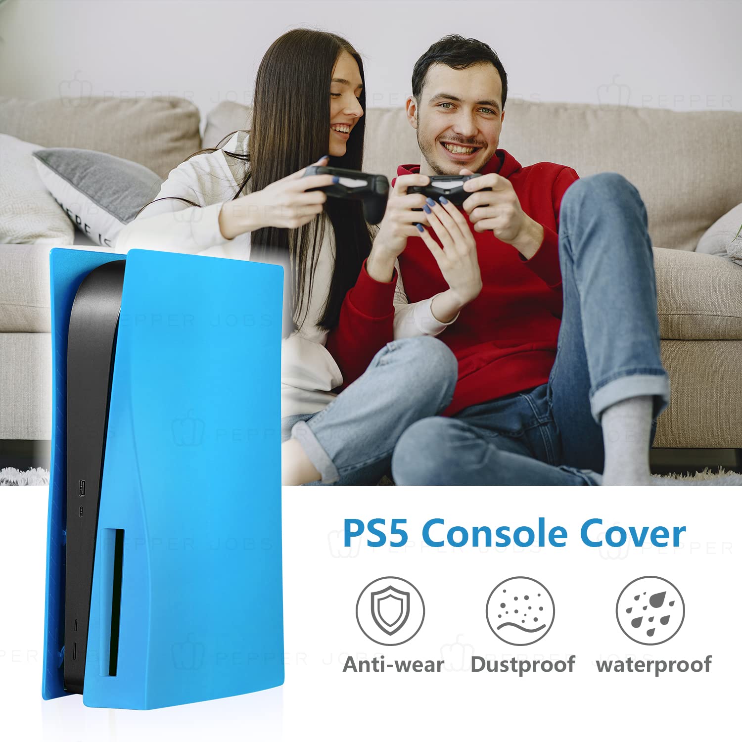 PEPPER JOBS Shockproof PS5 Console Cover - Hard ABS Protective Case with Anti-Scratch & Dustproof Design for PS5 Disc Edition (Starlight Blue) | Perfect for Gaming Protection & Home Decor