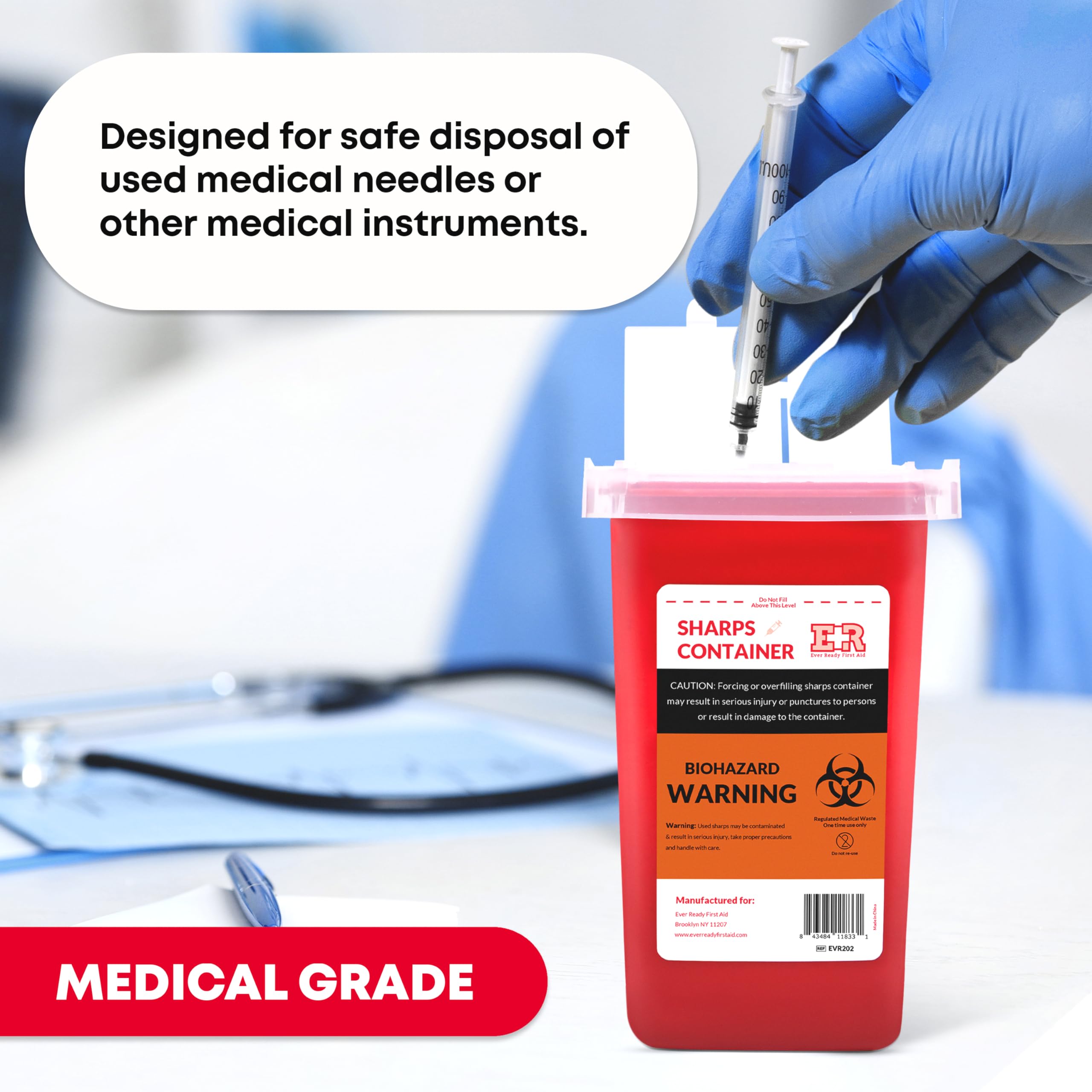 Ever Ready 1 Quart Sharps Container with Split Lid & Locking Mechanism - Safe Needle Disposal for Home, Clinic & Travel | FDA Compliant Medical Waste Bin