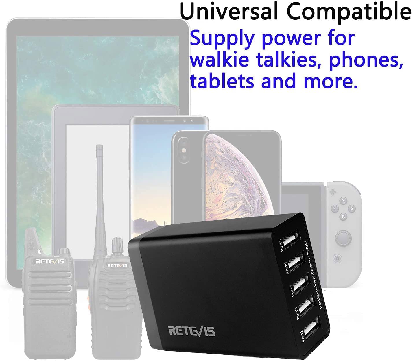 Retevis 5-Port USB Wall Charger for Walkie Talkies - Fast Charging Station Compatible with RT68 RB28 RT19 RT22P NR10 RT18 RT22S H777 RB89 RT86 RT45P RB29 Baofeng Cobra HYT Radios & iPhone - Perfect for Home, Office, and Emergency Communication (1 Pack)