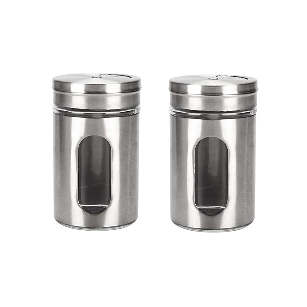 2-Pack Stainless Steel Spice Jars with Glass Lids - Round Condiment Containers for Salt, Pepper, Coffee & Powder Storage - Perfect for Kitchen, Pantry & Cooking Accessories