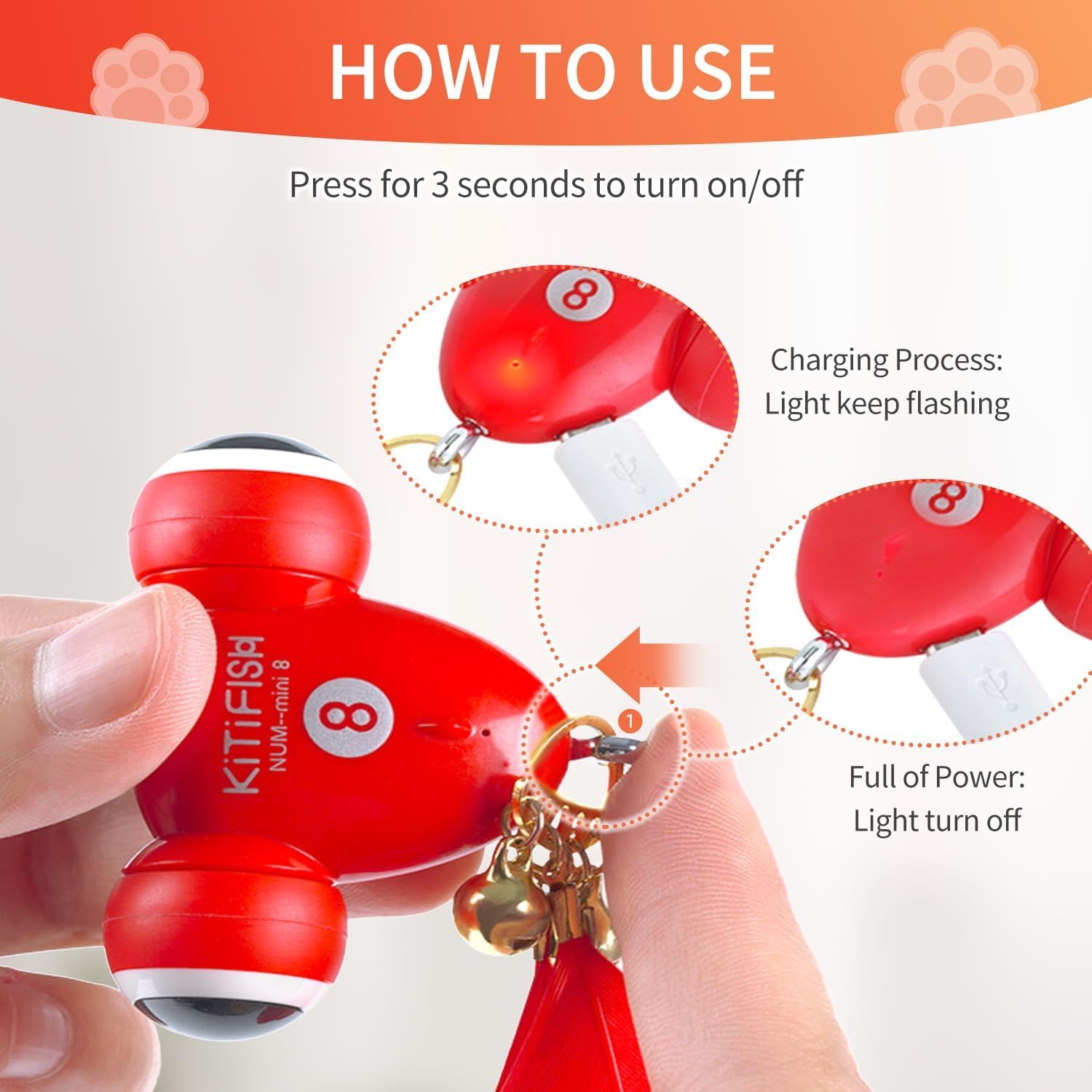 Interactive Cat Toys - Kitifish Rechargeable Automatic Cat Toy with Feather & Bell for Indoor Cats - Fast Rolling on Thin Carpet - Motion Activated Play - Perfect for Exercise & Entertainment at Home