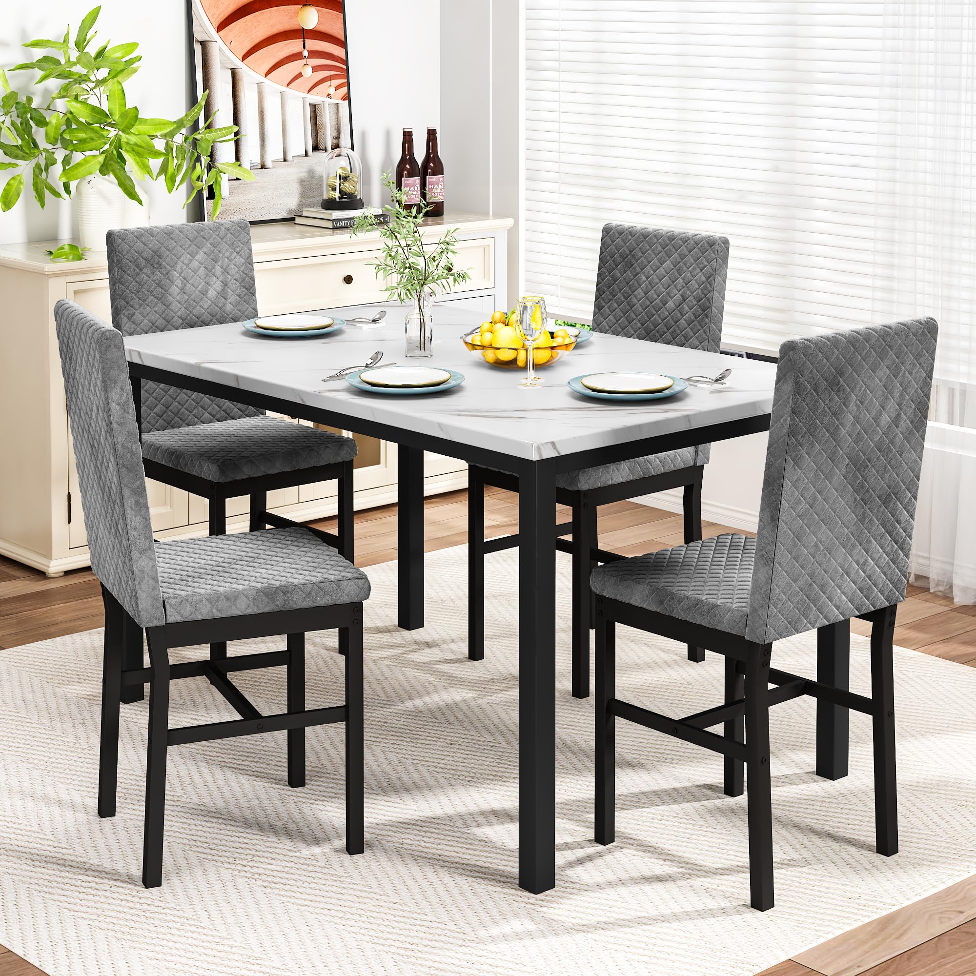 DKLGG 4-Piece Dining Table Set with Faux Marble Top & Velvet Upholstered Chairs - Compact Kitchen Table and Chair Set for Small Spaces, Apartments, Homes (White & Grey) | Perfect for Breakfast Nooks, Studio Apartments & Cozy Dining Areas