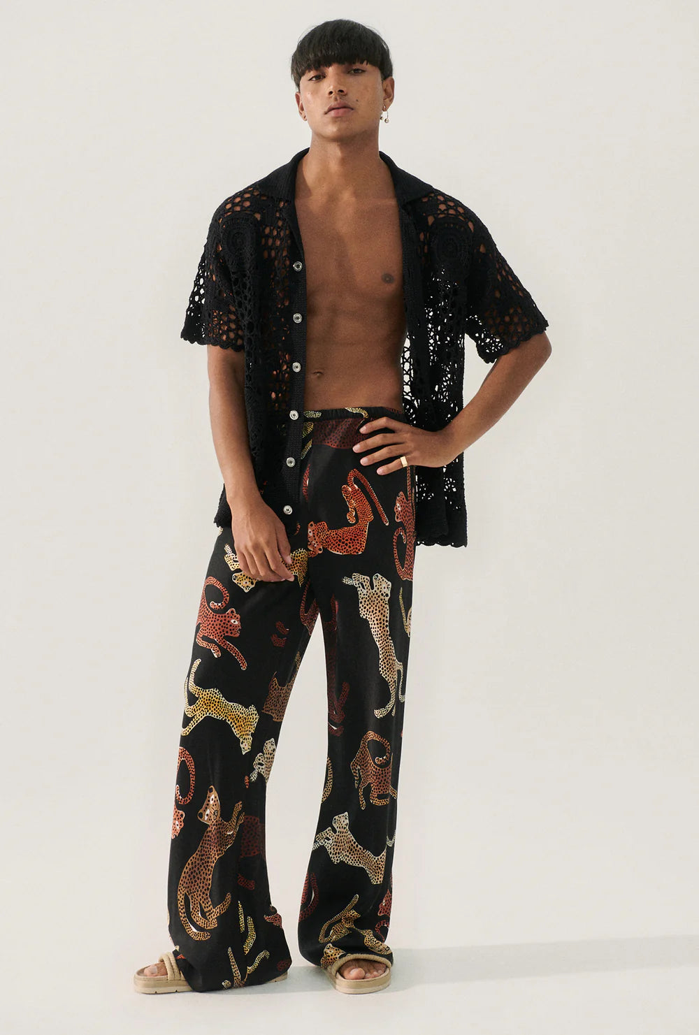Bias Cut Pants for Women - Stylish Jaguar Print Black High Waist Trousers for Casual Wear & Office Outfits