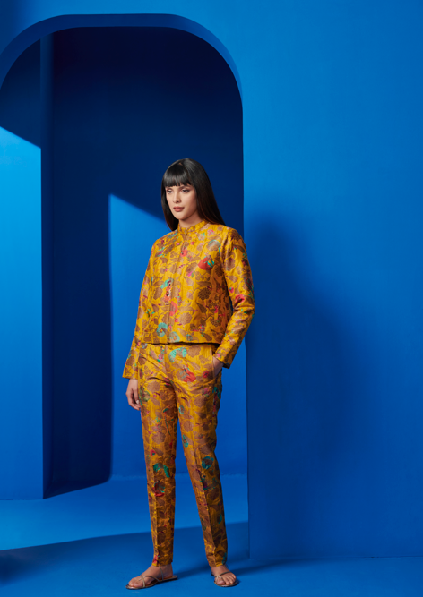 Mustard Silk Brocade Boot Cut Trousers for Women - Elegant & Comfortable Pants for Office, Party & Special Occasions