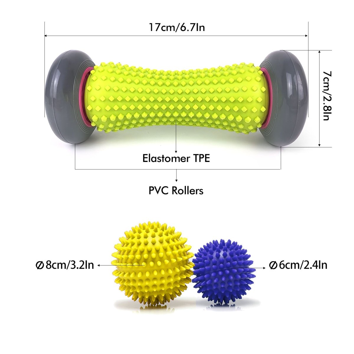 3-Piece Massage Ball Set - 1 Foam Roller & 2 Spiky Balls for Deep Tissue Therapy, Muscle Recovery, Yoga & Fitness Pain Relief