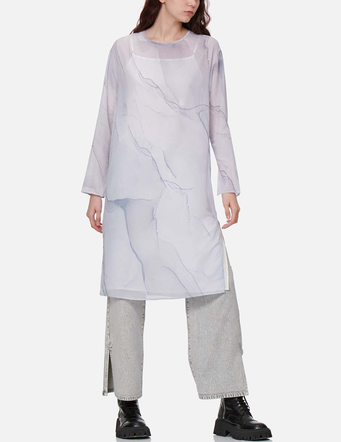 Elegant Marble Print Mesh Dress with Inner Lining - Women's Fashion for Parties, Weddings & Special Occasions