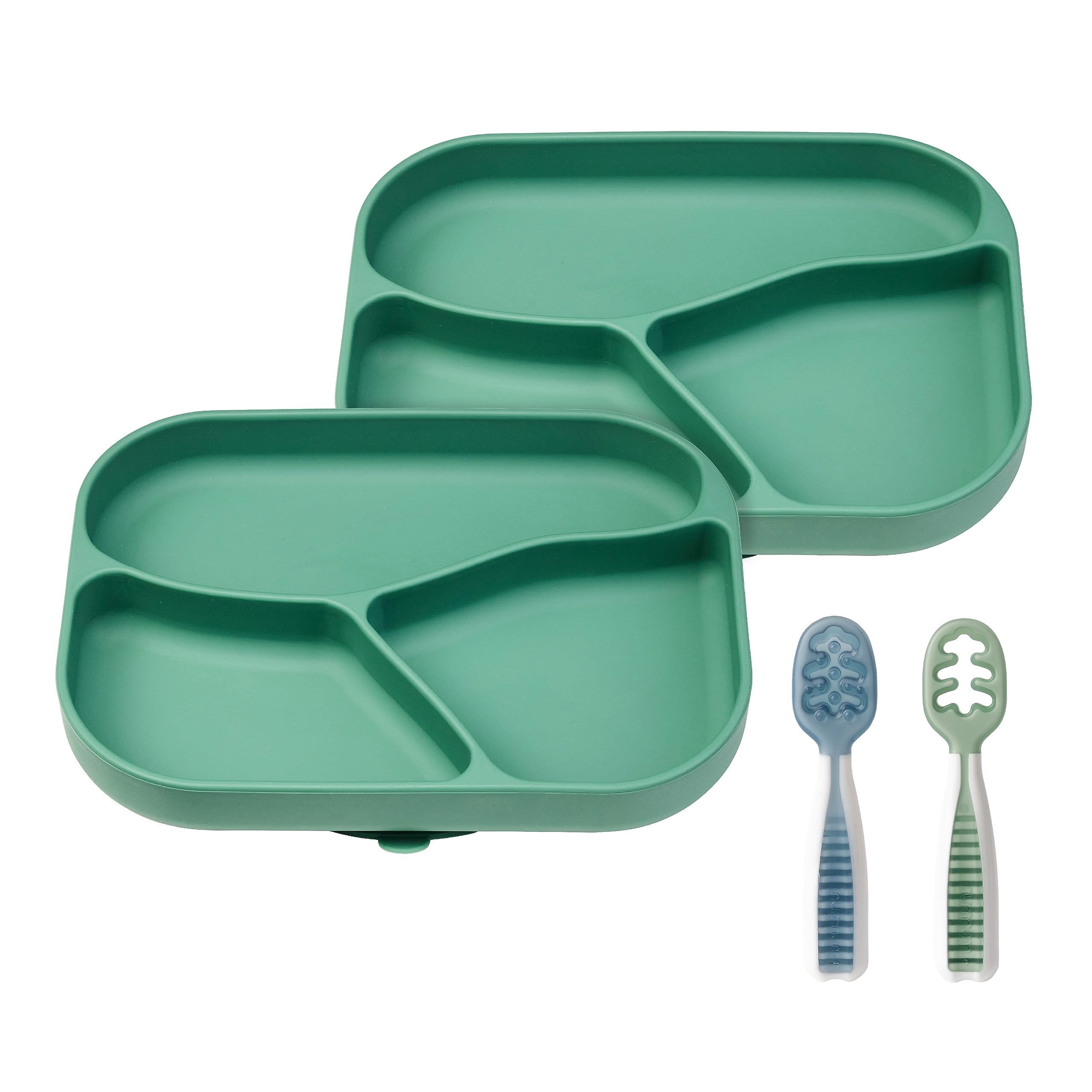 NumNum Silicone Toddler Suction Plates – 100% Food Grade Divided Baby Plates, BPA-Free & Dishwasher Safe – Non-Slip Kids Plates for High Chair & Dining Table – Perfect for Mess-Free Meals & Travel – 2 Pack + GOOtensils (Green)