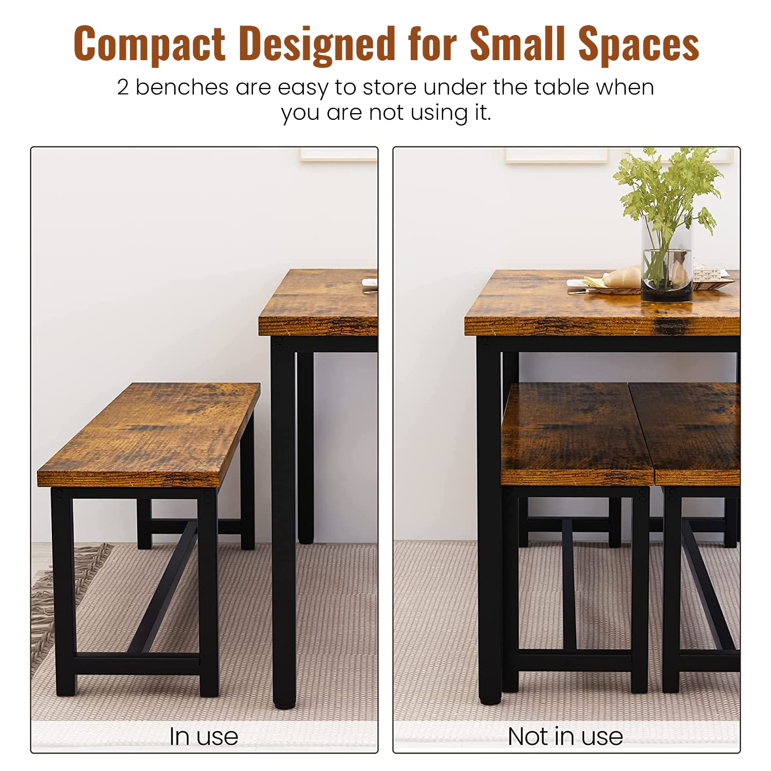DKLGG 3-Piece Wooden Dining Table Set with 2 Benches for 4 People - Rustic Brown Kitchen Table & Chairs with Sturdy Metal Frame - Perfect for Small Spaces, Apartments, Restaurants & Cozy Dining Rooms