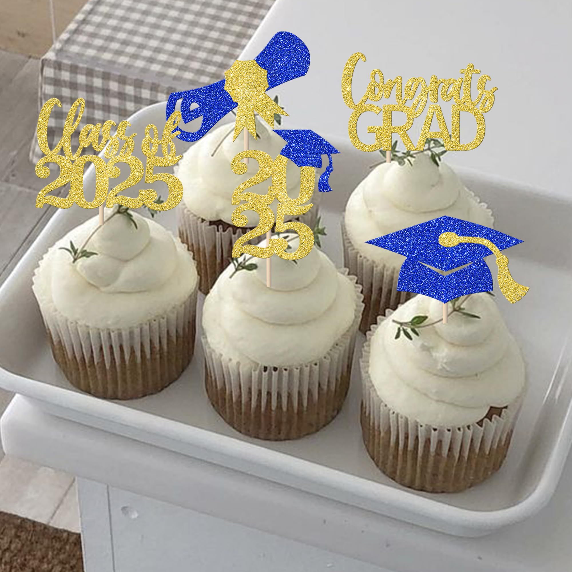 30 Pack Class of 2025 Graduation Cupcake Toppers - Glitter Gold & Blue Congrats Grad Cap & Diploma Cupcake Picks - Perfect for 2025 Senior Graduation Party Decorations, Cake Decor, and Celebration Supplies