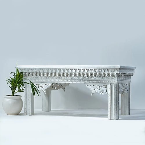 Hand Carved White Console Table - Solid Wood Entryway Table for Hallway, Living Room & Foyer Decor | Farmhouse Style Sofa Table with Storage Shelf