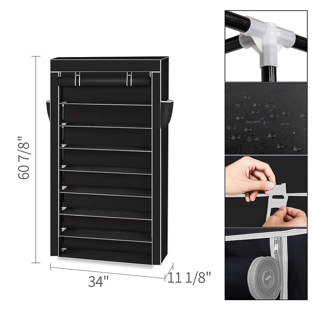 10-Tier Shoe Rack Organizer - Large Space-Saving Shoe Storage Cabinet with Dustproof Cover, Non-Woven Fabric Stackable Shelf with Pockets & Zipper - Perfect for Closet, Entryway, Bedroom (Black)