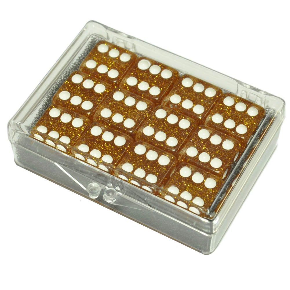 Premium Set of 12 Gold Glitter Dice in Clear Acrylic Display Case - Perfect for D&D, Board Games, Casino Nights & Tabletop RPG Accessories