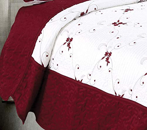 Ultra Soft 3-Piece Burgundy Floral Quilt Set with Embroidered Stitching - California King Size Bedspread & 2 Quilted Shams | Perfect for Summer Bedding, Guest Room Decor & Coastal Home Styling