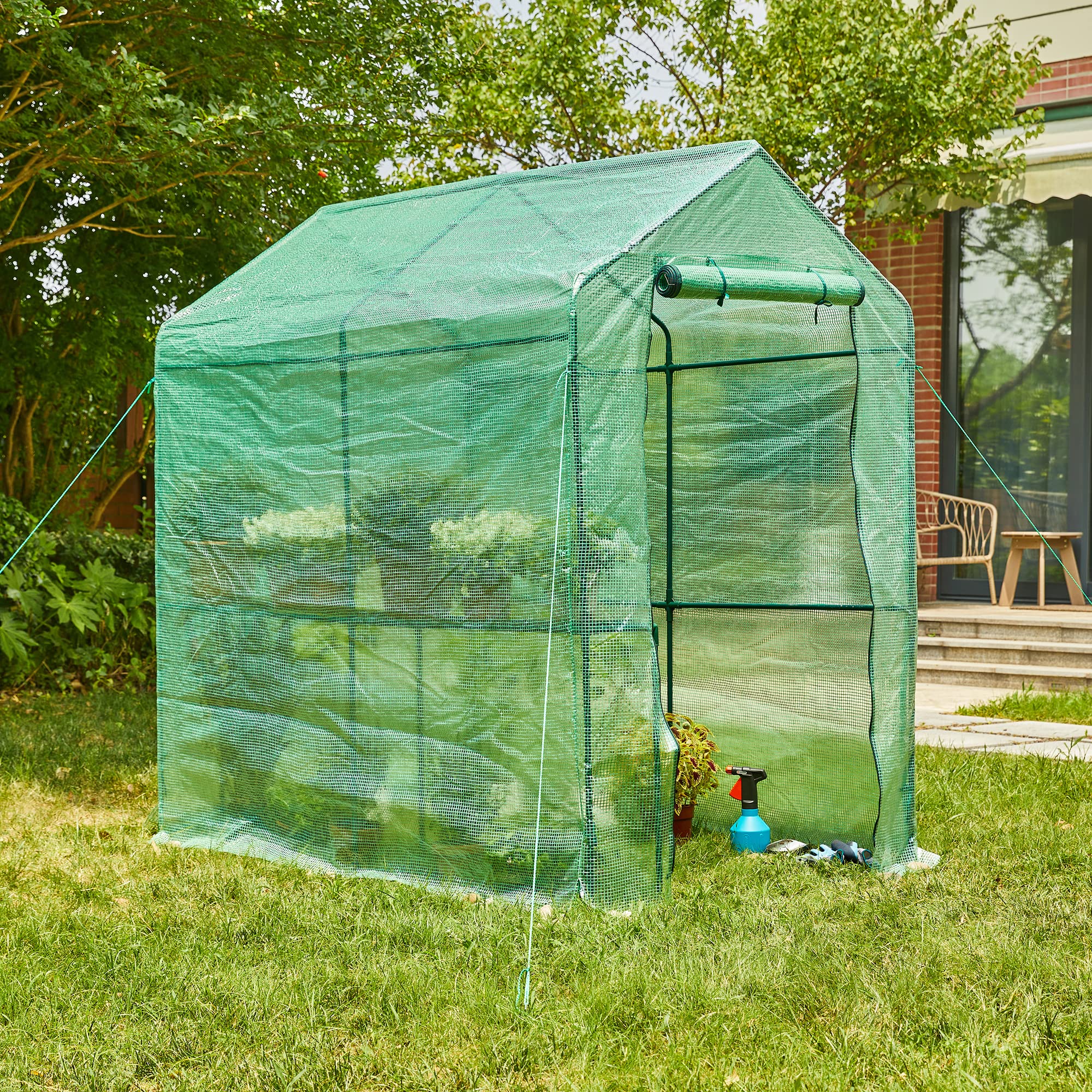 Glitzhome 2-Tier 4 Shelves Walk-in Plant Greenhouse with Green PE Cover - Indoor/Outdoor Gardening Solution for Herbs, Flowers & Vegetables | Perfect for Backyard, Patio & Urban Farming