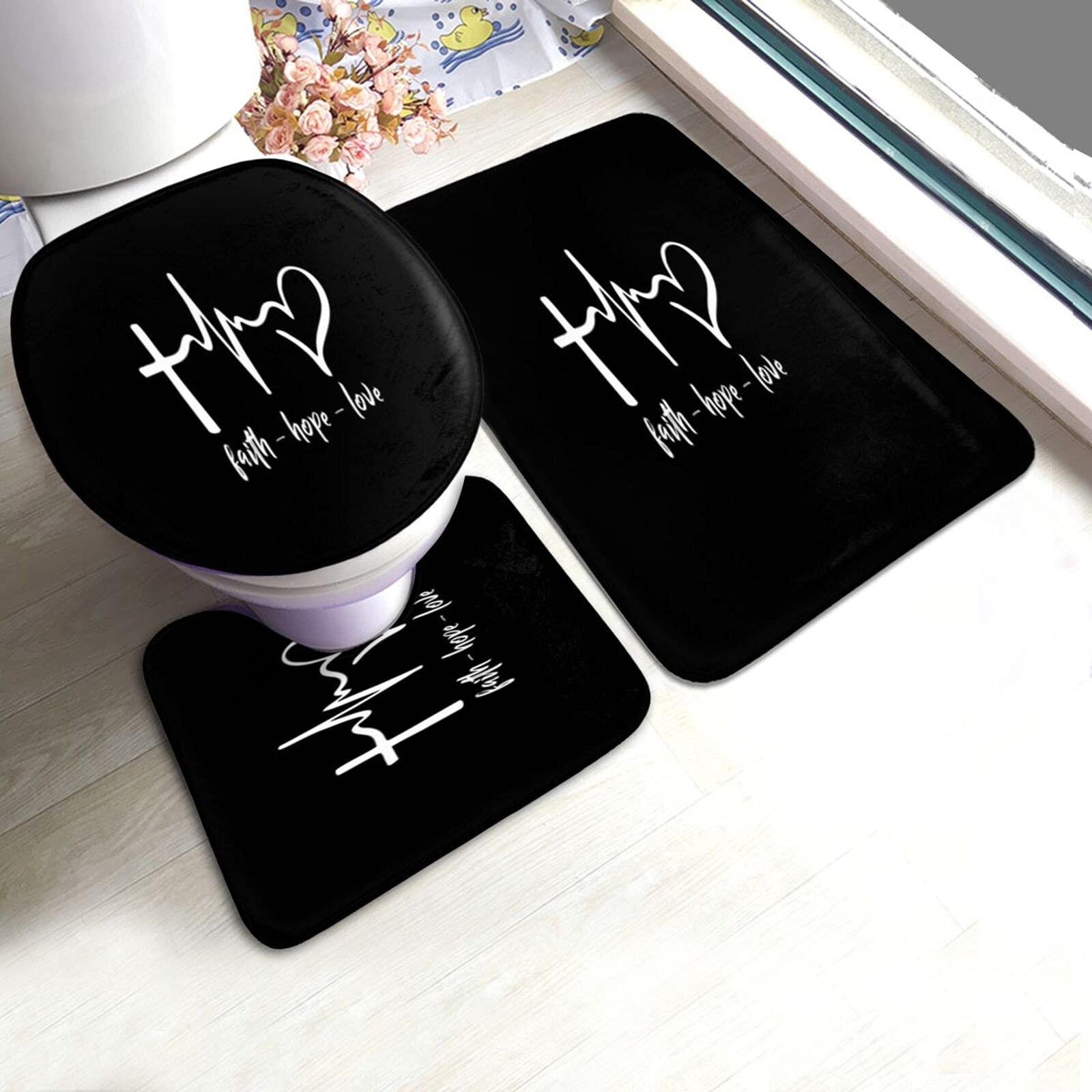 Faith Hope Love Christian Bathroom Rug Set - 3 Piece Non-Slip Bath Mat with Cross Design, Contour Pads & Toilet Cover - Ultra Soft, Thick & Absorbent for Bathroom Safety - Perfect for Church Homes, Christian Gifts & Baptism Decor