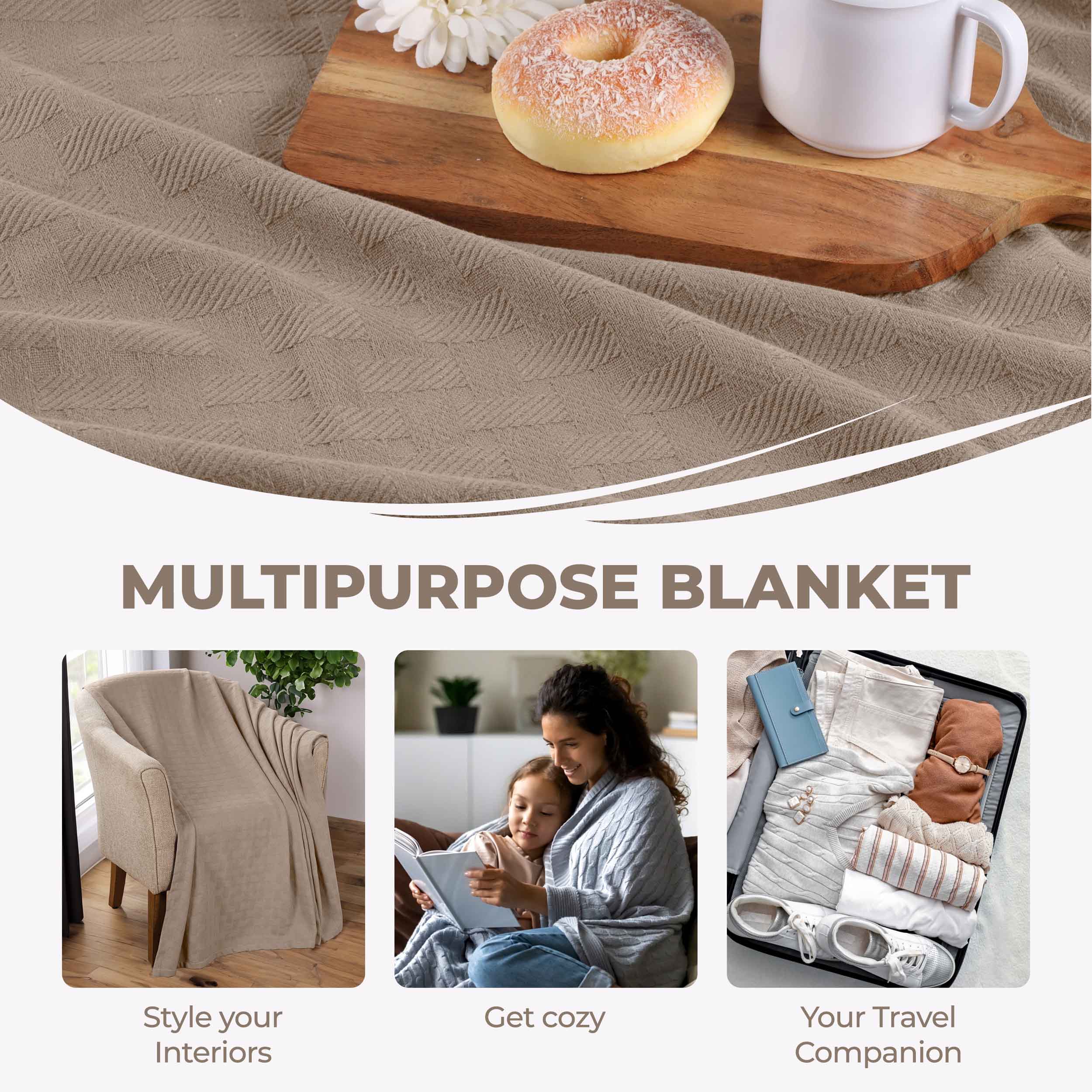 Soft Basketweave All-Season Cotton Bed Blanket & Sofa Throw - Lightweight Breathable Blanket for Bedroom, Living Room, Travel and Outdoor Use