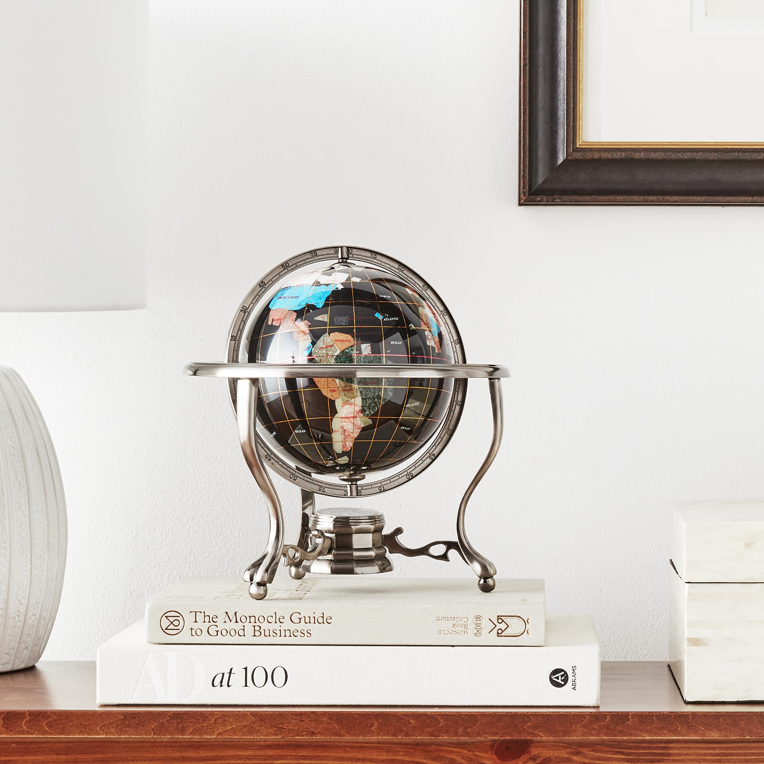 10-Inch Black Onyx Ocean Gemstone World Globe with Silver Tripod Stand - Unique Handcrafted Tabletop Decor for Home, Office & Gifts | Perfect for Travel Lovers & Geography Enthusiasts