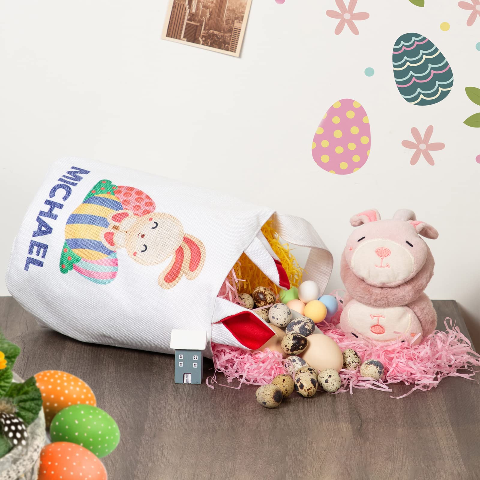 Personalized Easter Bunny Basket Bags with Custom Name - Cute Rabbit Print Candy Egg Buckets for Easter Gifts, Egg Hunts & Spring Decorations