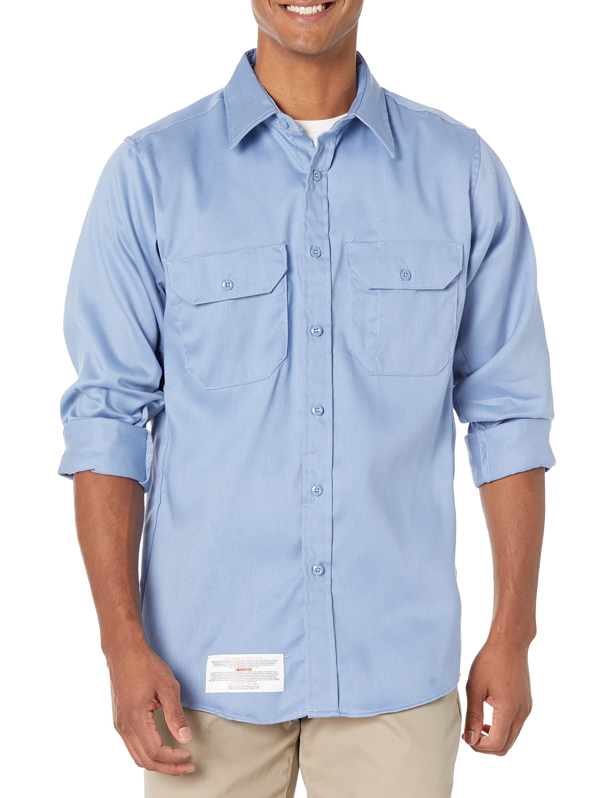 Bulwark Flame Resistant 6 oz Cotton/Nylon Excel FR ComforTouch Work Shirt - Light Blue, 2X-Large - Straight Back Yoke & Topstitched Cuff - OSHA Compliant Safety Wear for Construction, Oil & Gas, Electrical Work