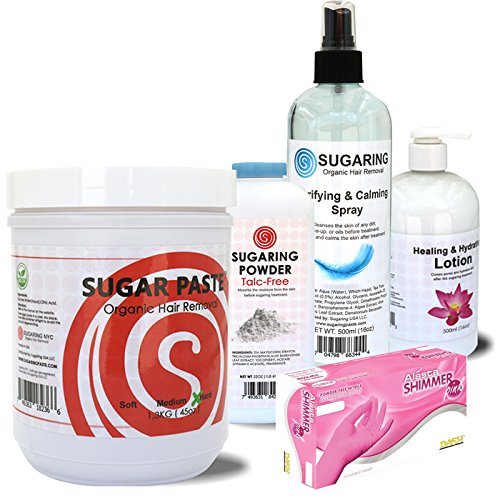 Professional Sugaring Hair Removal Kit for Bikini, Brazilian, Underarms & Full Body - Waxing Starter Set with Aftercare (Powder, Spray, Lotion) & 100 Nitrile Gloves - At-Home Salon Quality Hair Removal for Smooth Skin