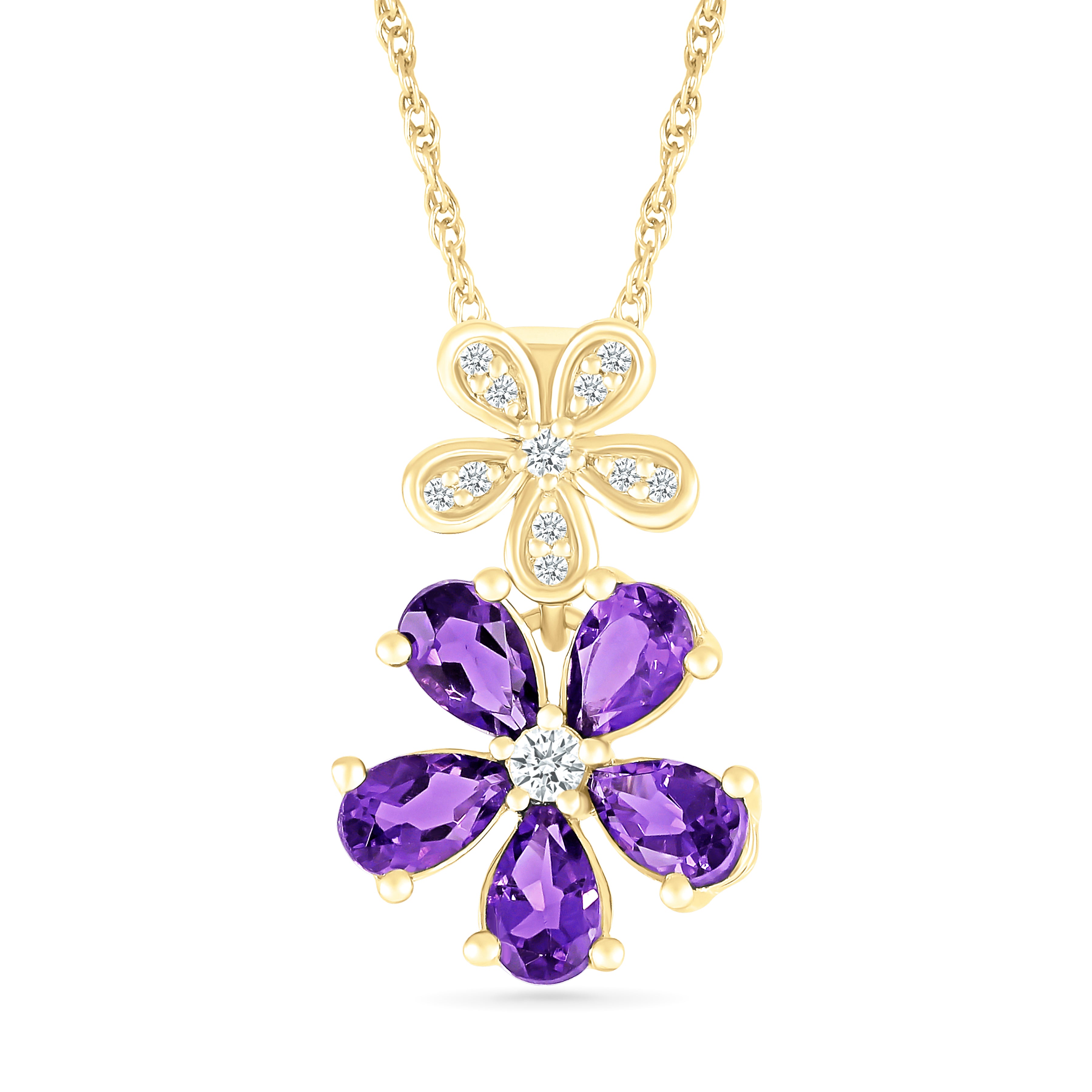 10k Yellow Gold Amethyst & White Sapphire Double Flower Drop Pendant Necklace - Elegant Jewelry Gift for Women, Perfect for Weddings, Anniversaries & Special Occasions