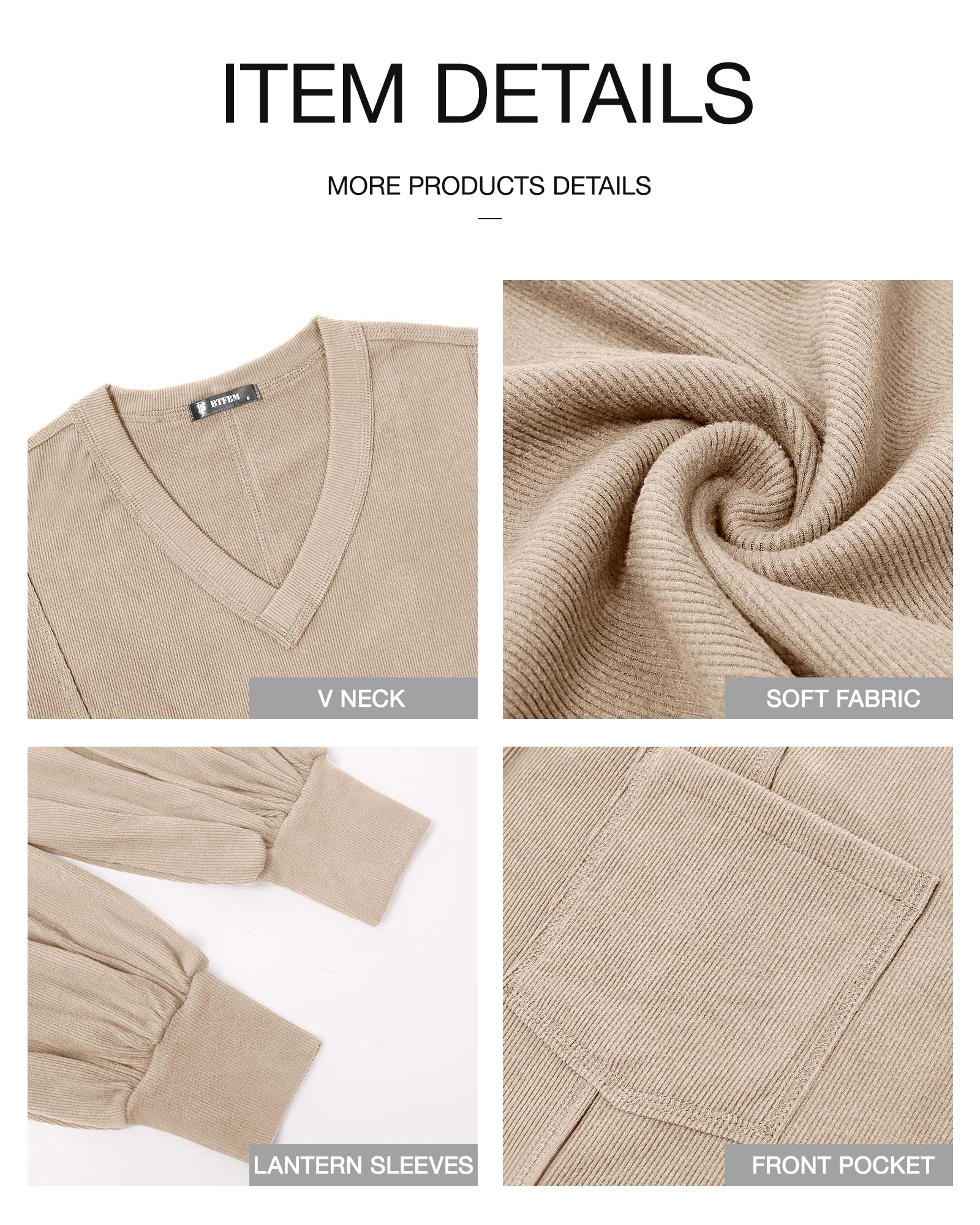 BTFBM Women's Ribbed Long Sleeve T-Shirt - Soft V-Neck Pullover Knit Blouse, Loose Fit Tunic Top for Spring & Summer 2025 | Casual Outfits, Layering, Workwear & Weekend Wear