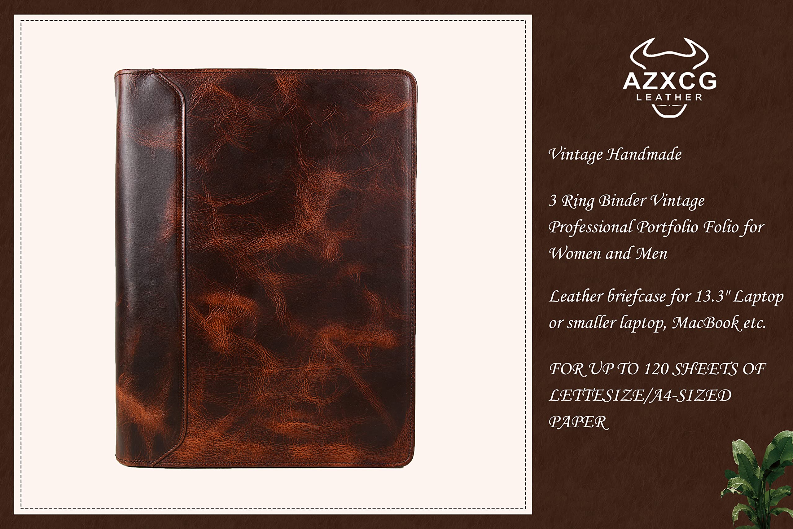 Personalized Leather Binder Portfolio with Free Engraved Name - Handmade 3 Ring Zippered Padfolio for Men & Women - Custom A4 Document Organizer & Resume Holder - Oil Wax Leather Business Folder for Office, Meetings, and Professional Presentations