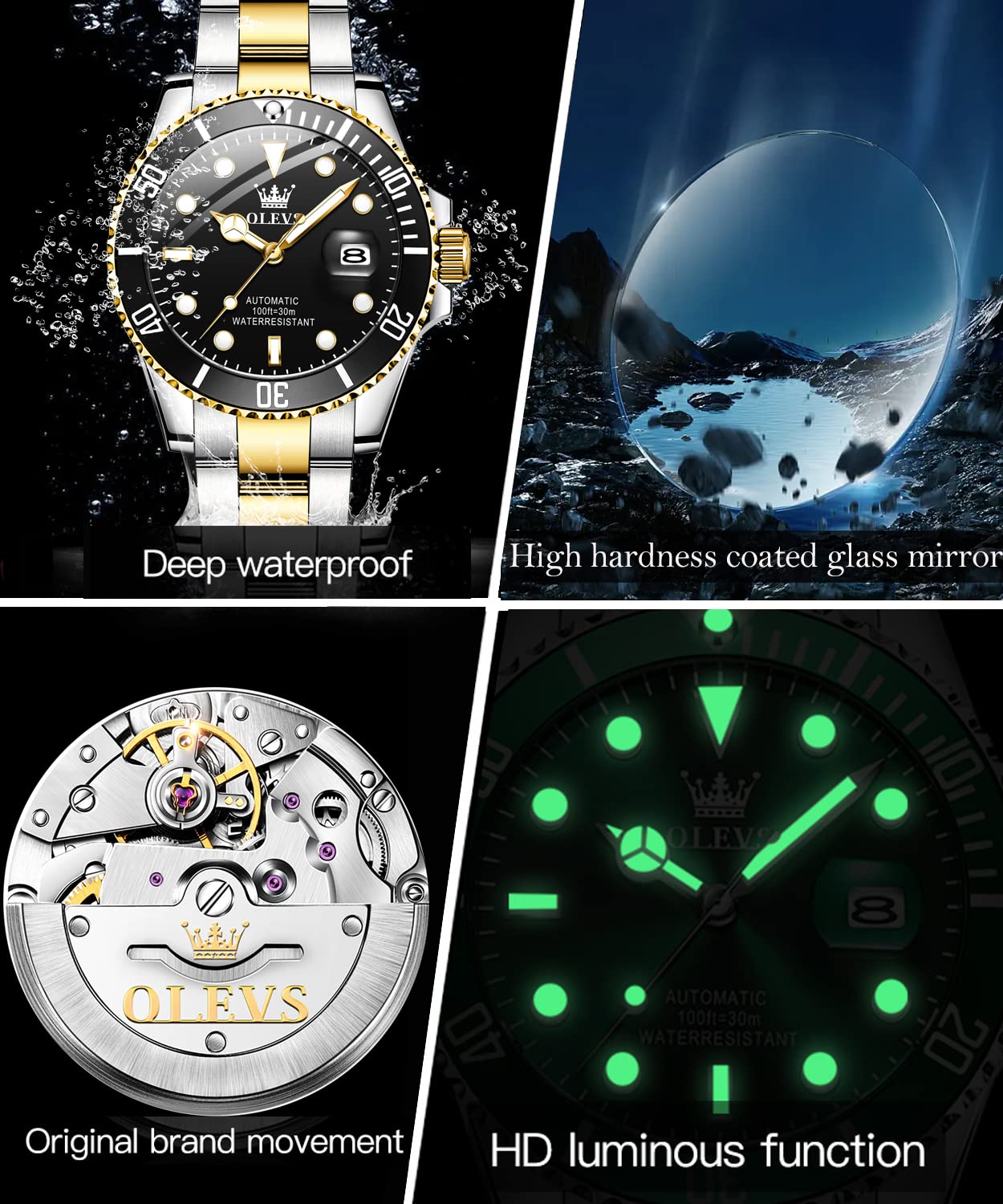 OLEVS Men's Automatic Self-Winding Mechanical Watch - Gold/Silver Stainless Steel Luxury Dress Watch with Big Face, Date Window, Waterproof & Luminous Rotating Bezel - Perfect for Business, Formal Events & Everyday Wear