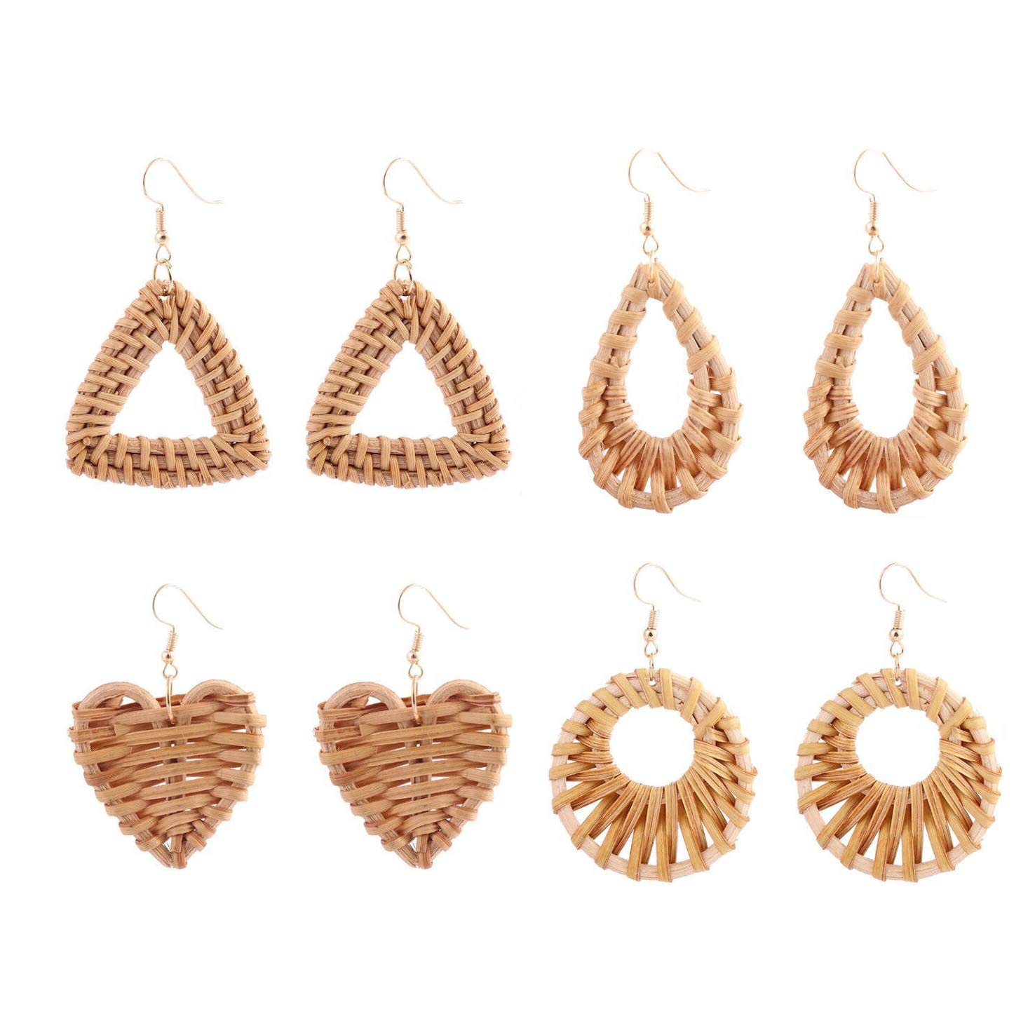 4 Pairs Lightweight Rattan Knit Dangle Earrings for Women - Bohemian Straw Wicker Braid Woven Geometric Statement Jewelry - Perfect for Summer Festivals, Beach Vacations and Boho Fashion Outfits