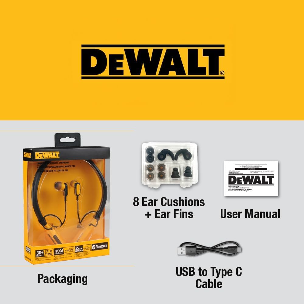 DEWALT Wireless Bluetooth Neckband Headphones - 30H Battery Life, Magnetic Noise-Isolating Earbuds, Built-in Mic for Clear Calls - Perfect for Construction Sites, Workouts & Commuting