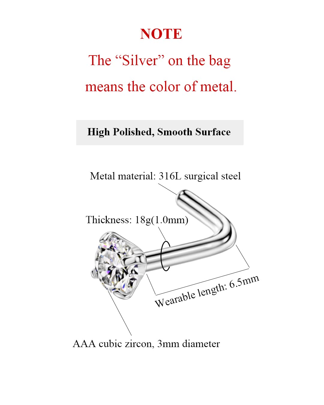 FANSING L-Shaped Nose Studs for Women & Men - Surgical Steel Nostril Piercing Jewelry with Cubic Zirconia - Hypoallergenic Nose Ring for Everyday Wear & Special Occasions
