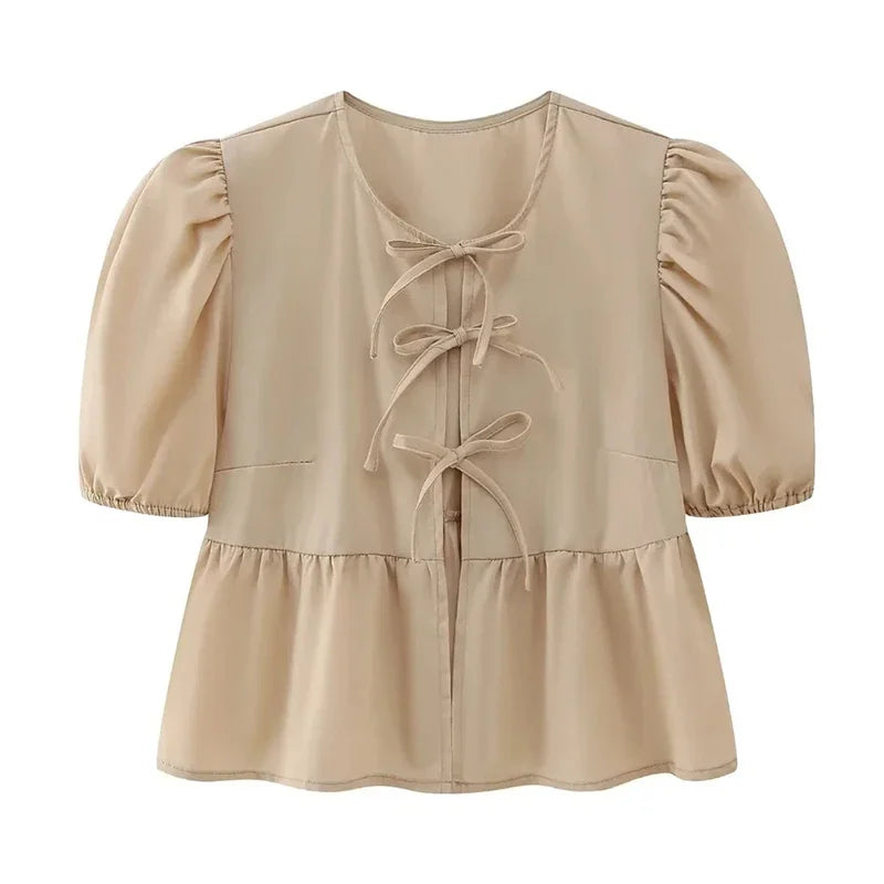 Duomofu Leopard Print Bow Tie Blouse for Women - Loose Fit Y2K Puff Sleeve Pleated Cropped Top | Summer Streetwear Fashion | Perfect for Casual Outings, Parties & Instagram Photos