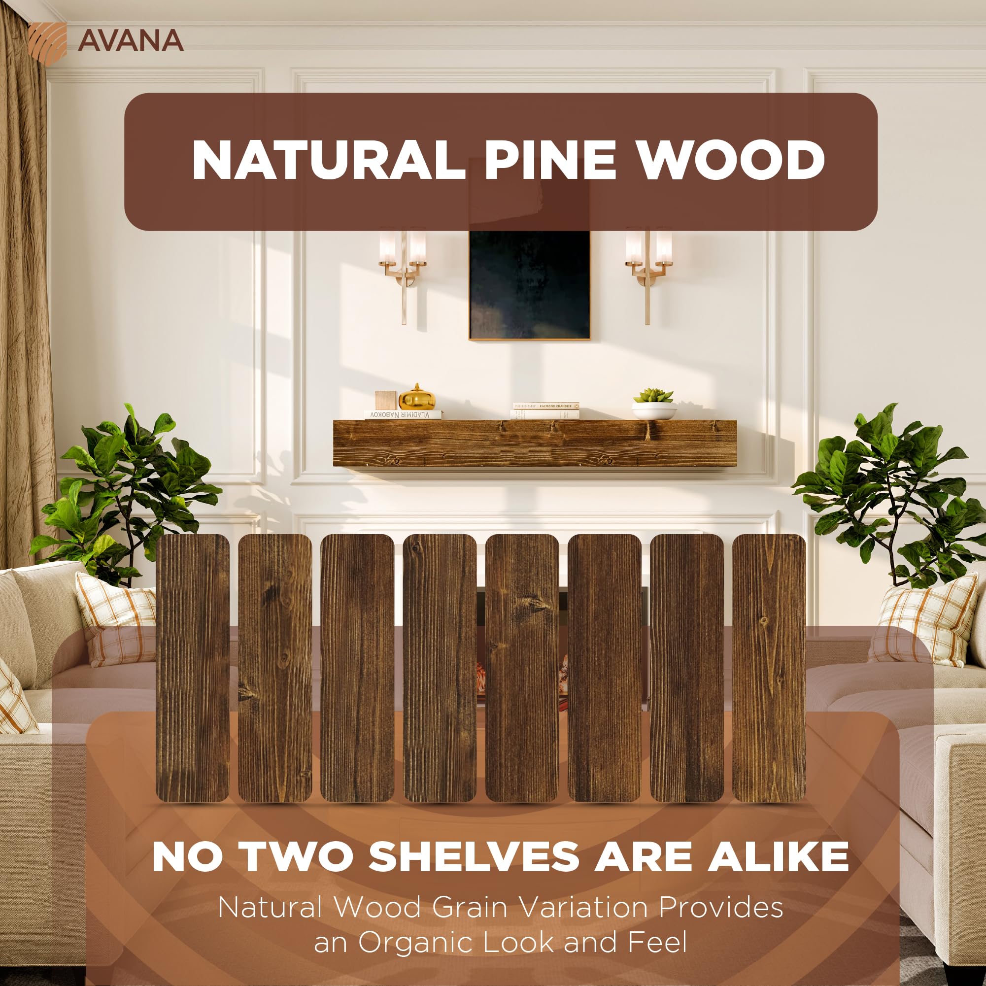 Avana 60 Inch Rustic Fireplace Mantel Shelf - Handcrafted Solid Wood Wall Mounted Mantel for Farmhouse Decor - Floating Fireplace Shelf 60