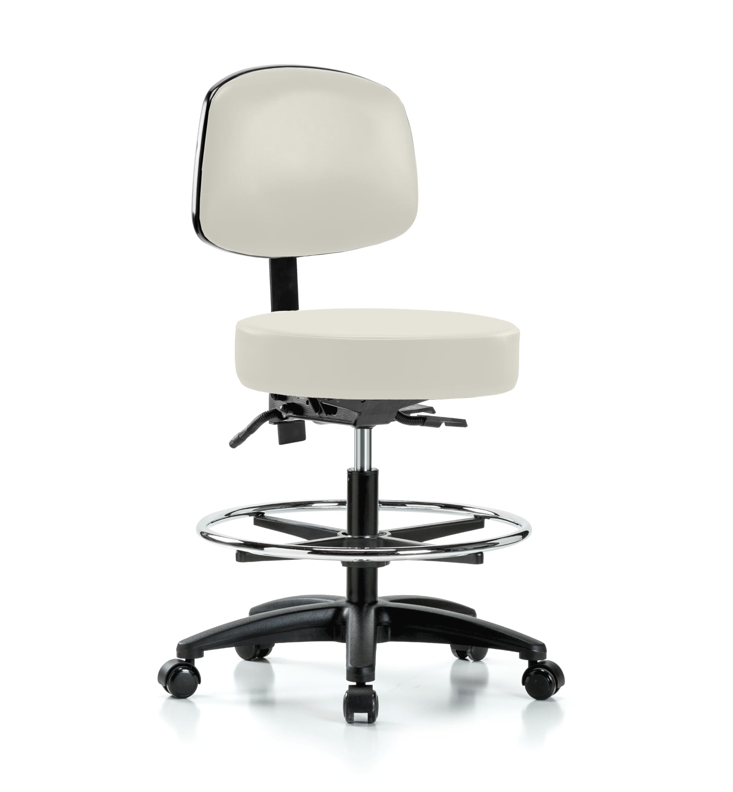 Adjustable Rolling Doctor Stool with Backrest & Foot Ring - 300 lb Capacity - Off-White Vinyl - Perfect for Medical Offices, Home Desks & Salon Workstations