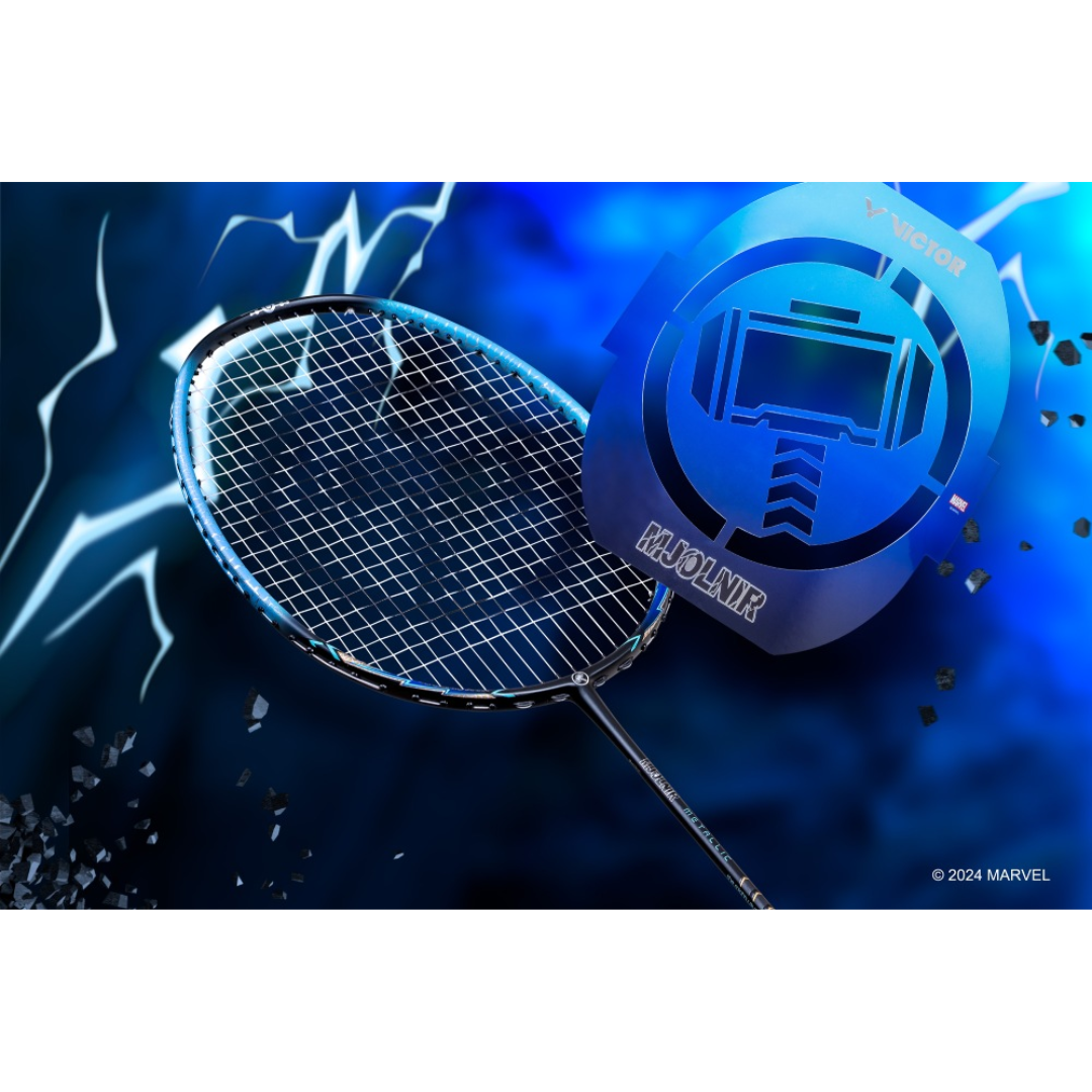 Victor X Marvel Mjolnir Metallic Limited Edition Badminton Racket - Premium Lightweight Carbon Fiber Shuttlecock Racket for Professional & Recreational Players - Perfect for Tournaments, Training & Backyard Games