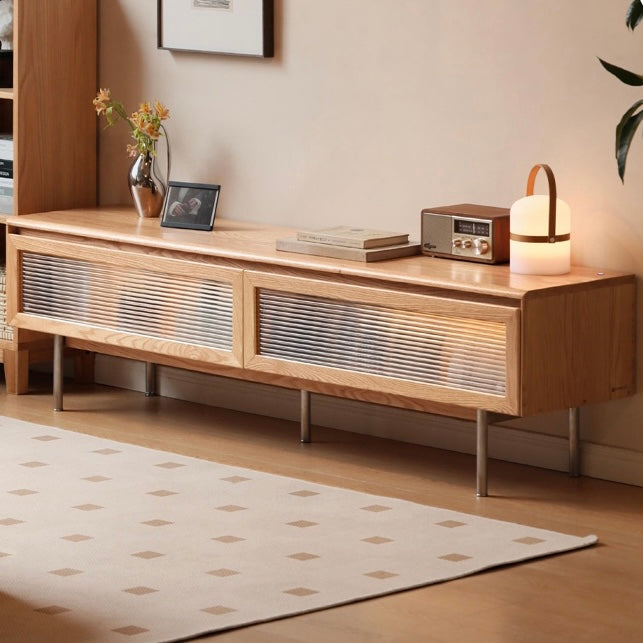 Modern Oak Solid Wood TV Stand with LED Ambient Lighting - Minimalist Design for Living Room, Bedroom & Home Theater Entertainment Centers