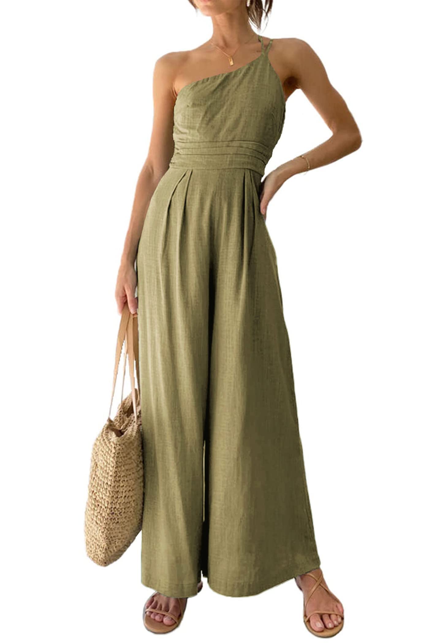 PRETTYGARDEN Women's Summer One Shoulder Strap Jumpsuit - Casual High Waist Wide Leg Pleated Romper - Perfect for Beach Vacation, Date Night & Summer Outings