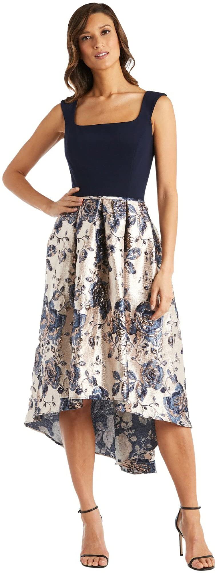 R&M Richards Women's Metallic Brocade Floral High-Low Dress - Fit & Flare Square Neck Formal Gown for Weddings, Parties & Special Occasions