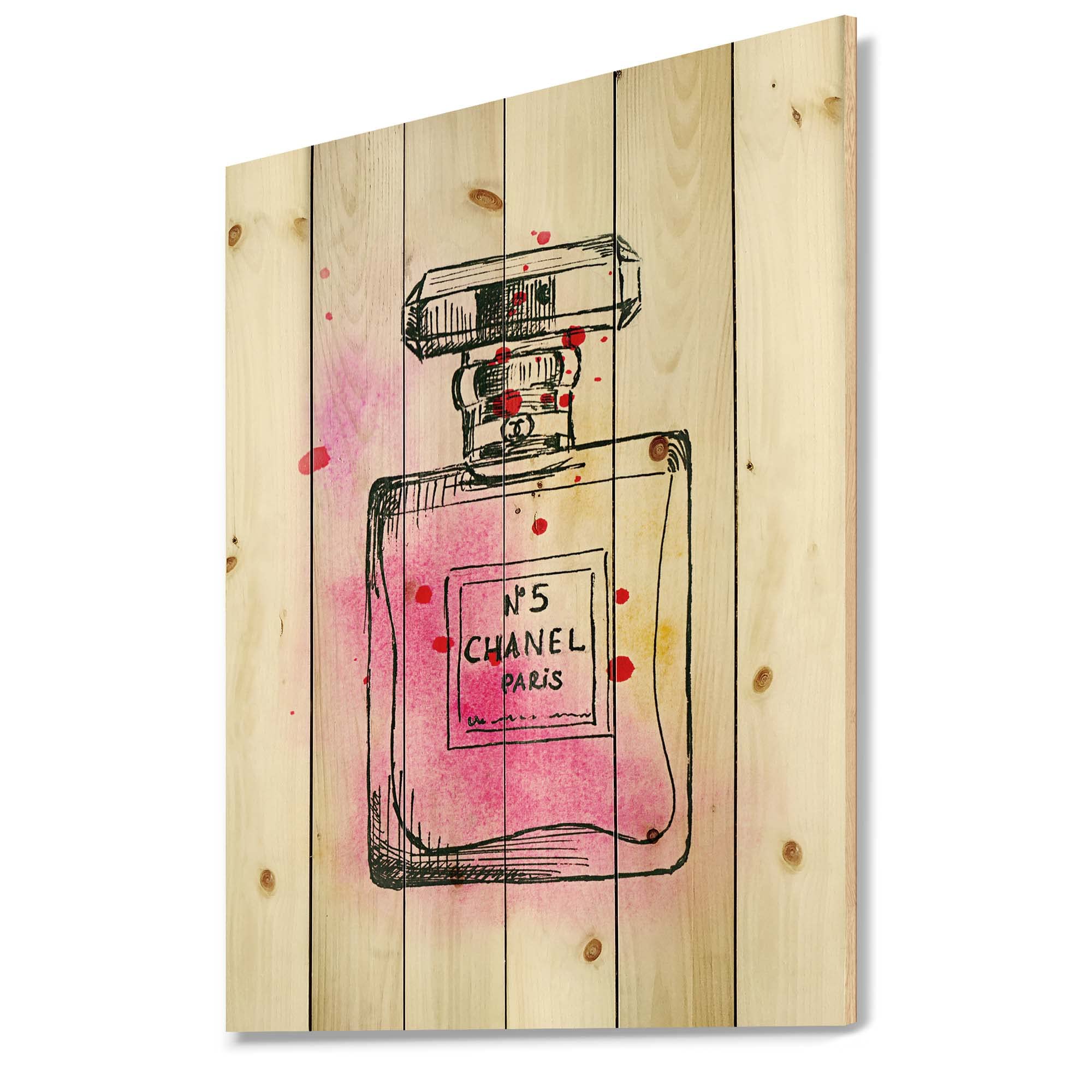 Chanel No. 5 Inspired French Country Wood Wall Art - Pink Large Fashion Wall Decor Printed on Natural Pine Wood - Perfect for Living Room, Bedroom & Office Decor