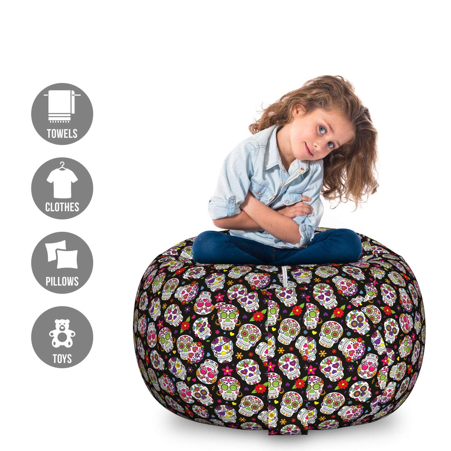 Ambesonne Sugar Skull Toy Storage Bag Chair - Mexican Graveyard Design on Black, Large Washable Stuffed Animal Organizer | Kids' Room Decor, Playroom Storage, Dorm Organizer