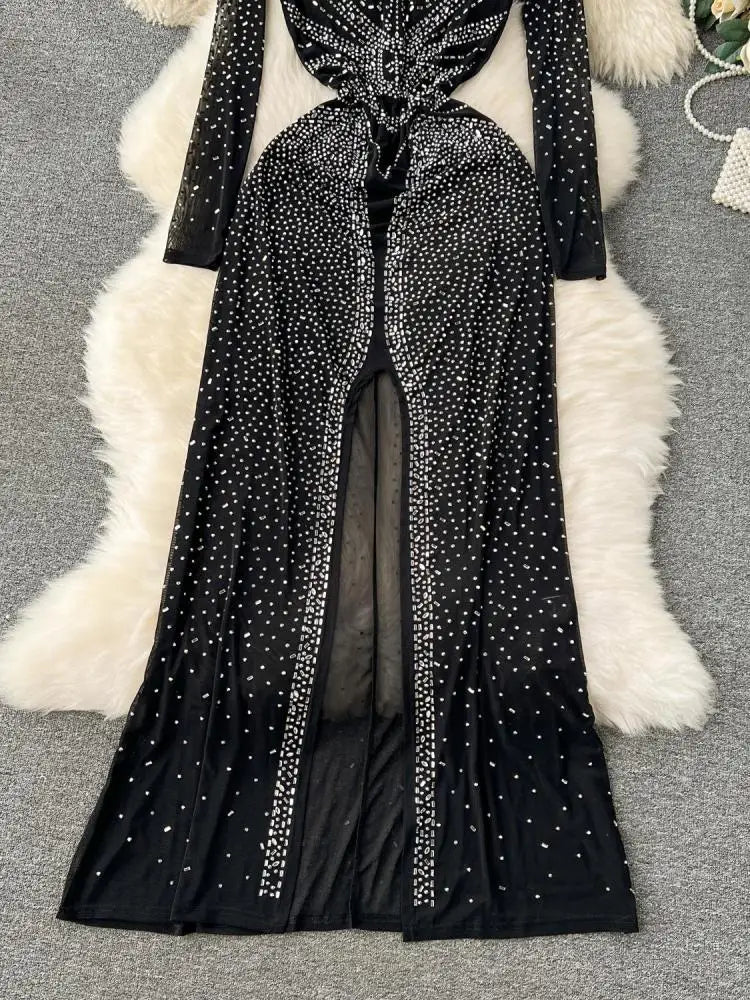 Sexy Black Long Sleeve Bodycon Dress with Back Zipper & High Slit - Vintage Elegant Club Party Gown for Women | Perfect for Night Out, Cocktail Party & Special Occasions