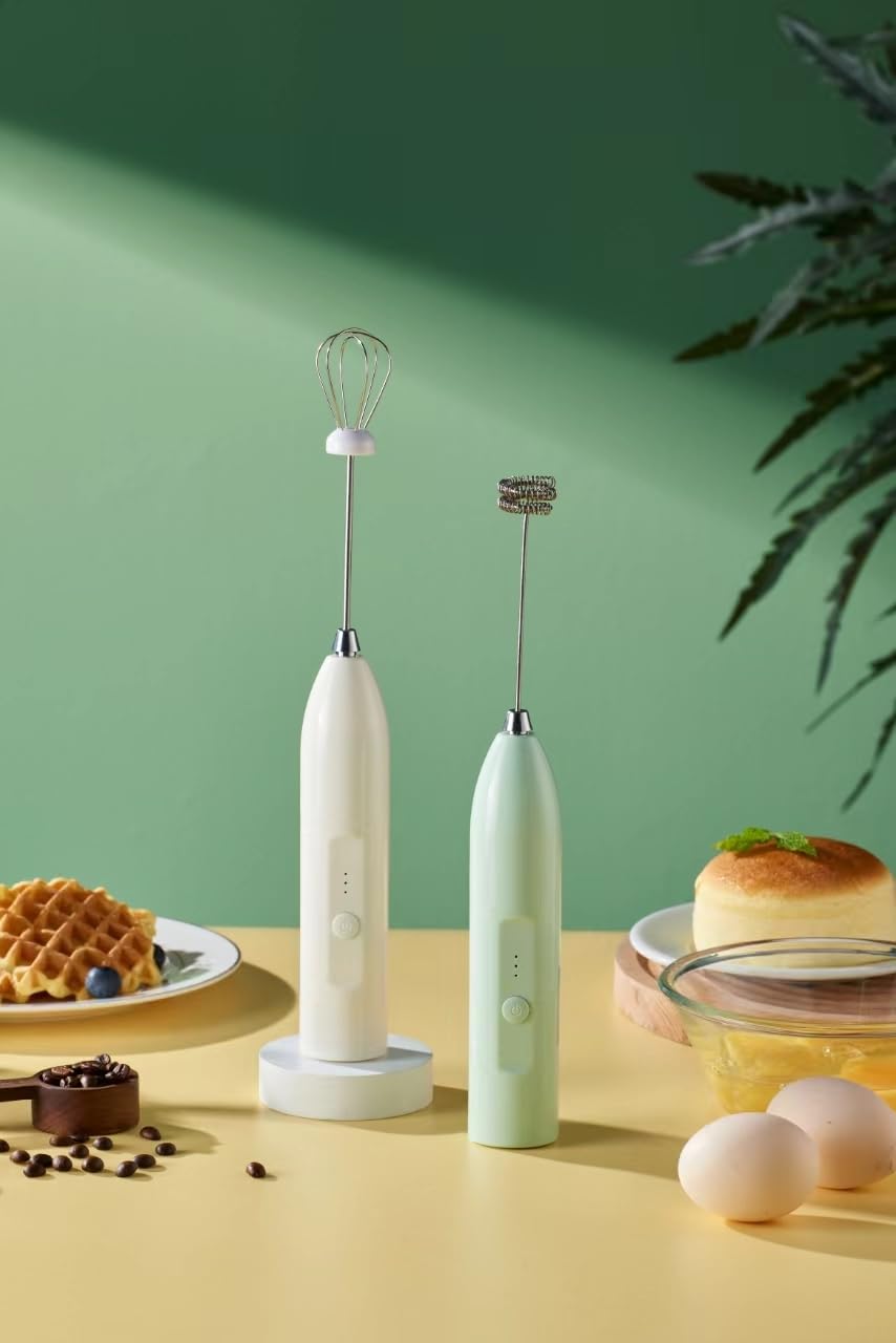 Electric Handheld Milk Frother - 3-Speed Adjustable Whisk with Stainless Steel Head, Battery Operated (4 AA Batteries Not Included) - Perfect for Making Latte, Cappuccino, Matcha & Egg Foam at Home or Café (White)